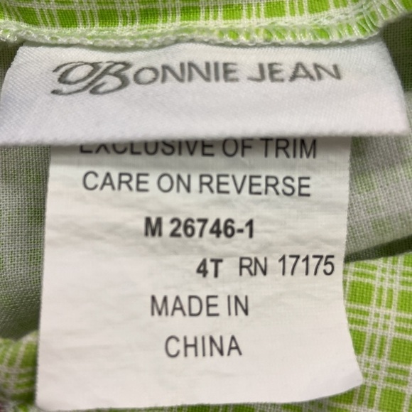 Bonnie Jean Sleeveless Square Neck Green Checkered Cotton Dress Pink Ribbon Trim - Picture 8 of 10